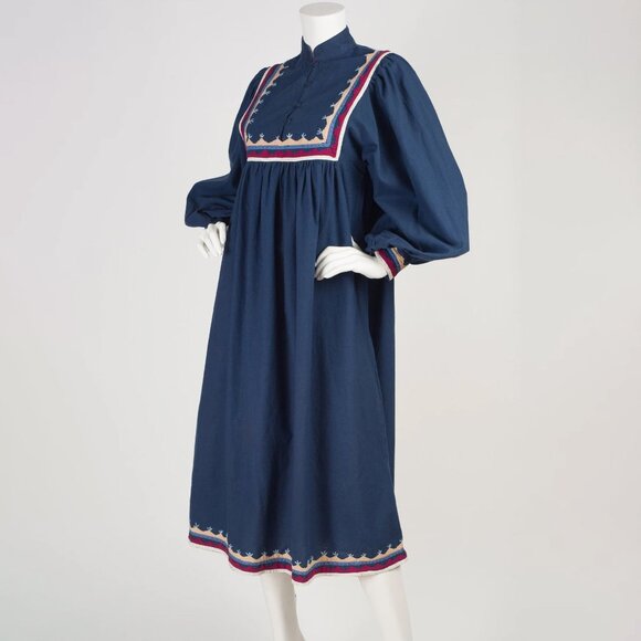 1970s Vintage Poet Sleeve Bohemian Blue Cotton Dress Sz S - Picture 1 of 6